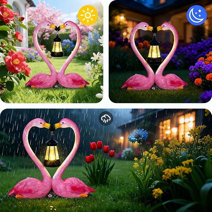 Outdoor Solar Lights Waterproof Garden Kissing Flamingo Heart Decoration with LED Decoration for Flamingo Themed Party Favors Lover Gifts Yard Patio Pathway Lawn Courtyard Centerpiece Decor