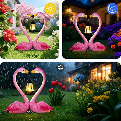 Outdoor Solar Lights Waterproof Garden Kissing Flamingo Heart Decoration with LED Decoration for Flamingo Themed Party Favors Lover Gifts Yard Patio Pathway Lawn Courtyard Centerpiece Decor