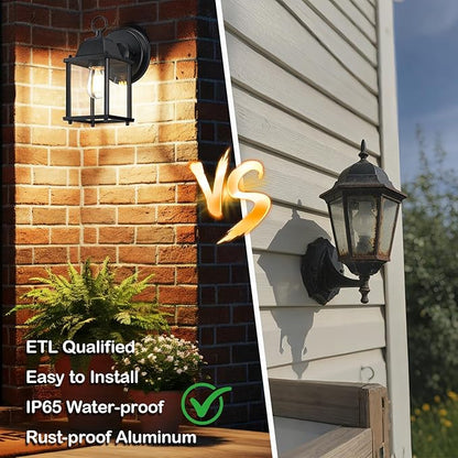 LIT-PaTH Outdoor Wall Lantern, Wall Sconce as Porch Lighting Fixture, E26 Base, Aluminum Housing Plus Glass, Water-Proof and Outdoor Rated, ETL Qualified, 2-Pack, Black