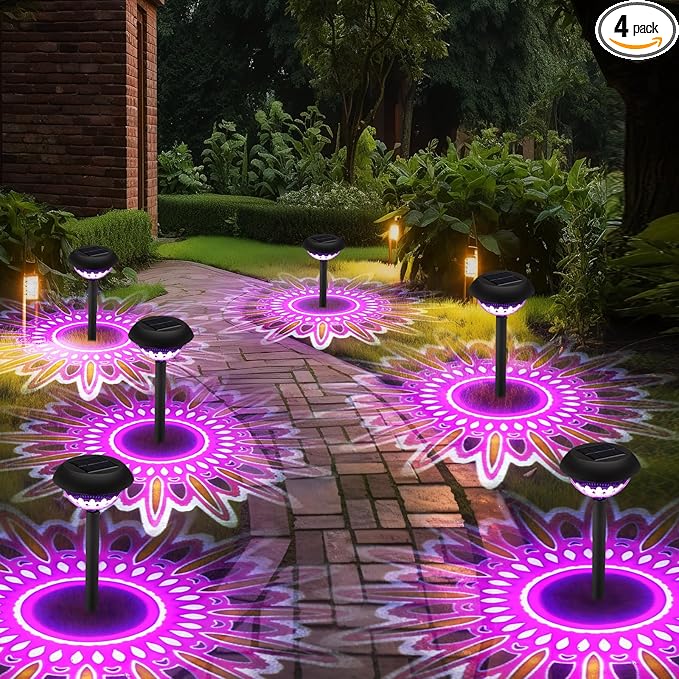 Retisee 4 Pack Diwali Lotus Decoration Solar Pathway Lights Led Waterproof Lotus Lights Diwali Projector Lamp Outdoor for Garden Yard Patio Decor Indian Temples Pooja Gifts