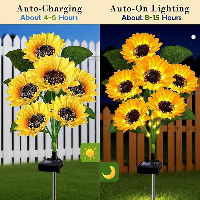 2 Pack Solar Garden Lights Outdoor Waterproof, Decorative Solarlights with 12 Sunflower, Solar Sunflower Lights for Outdoor Garden Yard Lawn Porch Backyard Pathway Decor, Gift for Mom Women (Yellow)