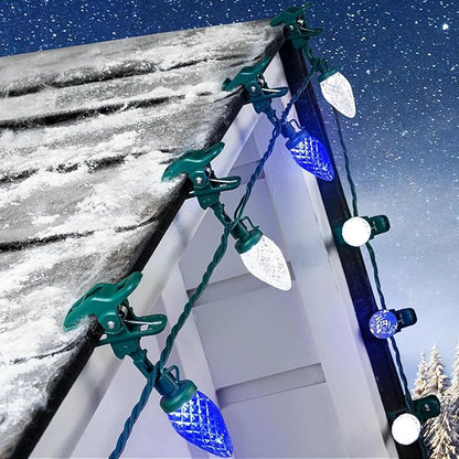 C9 LED Christmas Lights Outdoor with 100 Spring Clips, 65FT 100 LED C9 String Lights Waterproof Connectable for Roofline Patio House Yard Windows Xmas Tree Indoor Outdoor Christmas Decor, Blue White