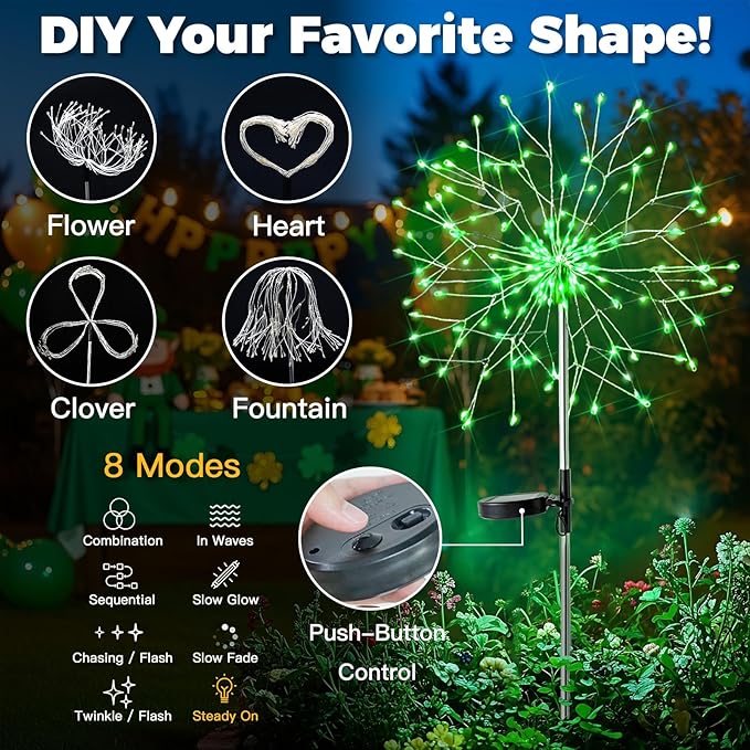 suddus St. Patrick's Day Decorations Solar Firework Lights - 150 LED Green Outdoor Garden Lights, 8 Modes DIY | Lumora