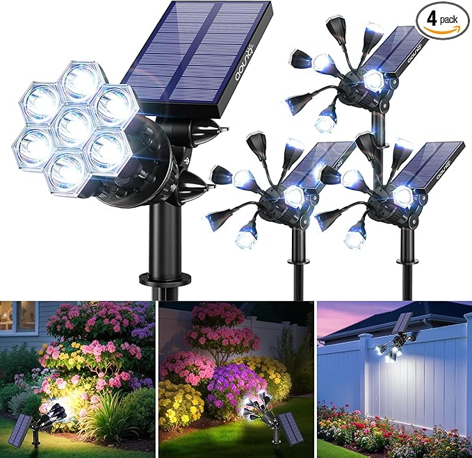 Solar Spot Lights Outdoor 1000LM, IP68 Waterproof Solar Lights Outdoor with 7x360° Adjustable Metal Hose, 4 | Lumora