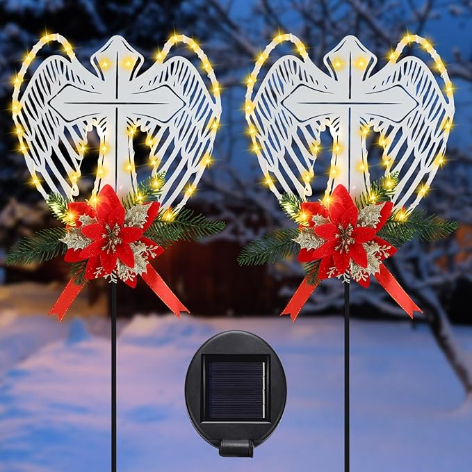 Baquler 2 Pack Christmas Solar Cross Wings Stake Lights 32" Christmas Cemetery Grave Decorations with Poinsettia for Xmas Cemetery Memorial Outdoor Yard Pathway Garden Lawn Decorations