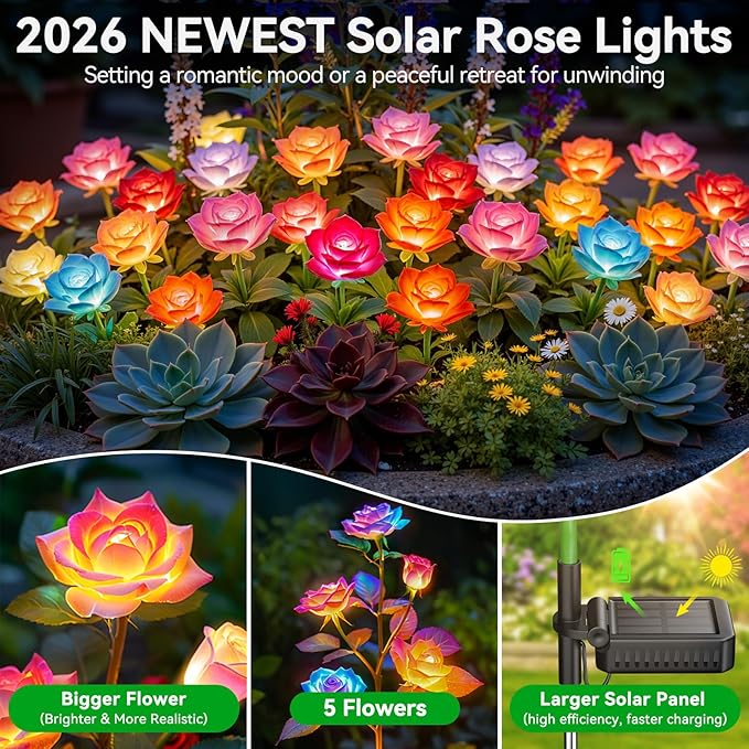 KOOPER 6 Pack Solar Lights Outdoor Garden Decor, 7 Color Changing Solar Flowers Outdoor Waterproof with 30 Bigger & Realistic Rose, Enlarged Size Panel for Patio Yard Garden Cemetery Decoration, Gifts