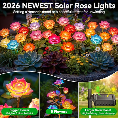 KOOPER 6 Pack Solar Lights Outdoor Garden Decor, 7 Color Changing Solar Flowers Outdoor Waterproof with 30 Bigger & Realistic Rose, Enlarged Size Panel for Patio Yard Garden Cemetery Decoration, Gifts