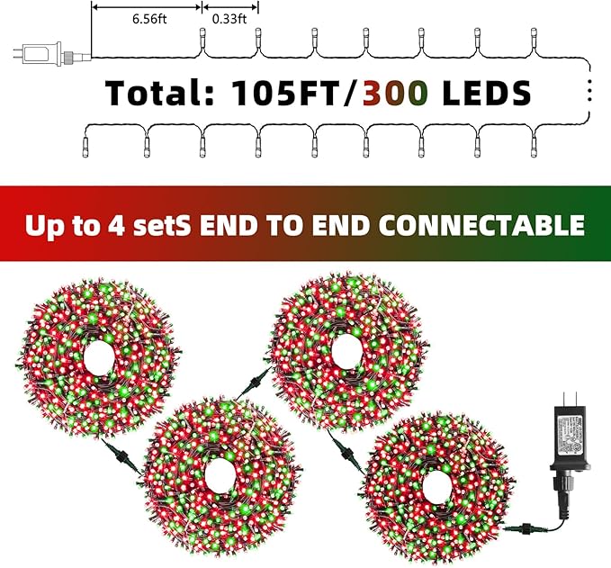 XTF2015 Christmas String Lights, 105ft 300 LED Christmas Lights 8 Modes Memory Function & Timer- UL Certified | Lumora
