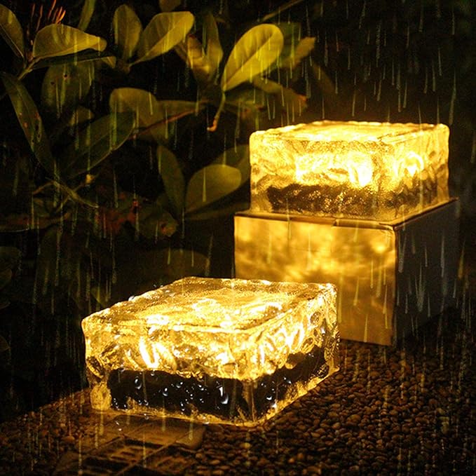 Solar Ice Cube Shaped Brick Light, 4x4x2.15 Inch Ice Cube Shaped Brick Warm White Outdoor Solar Garden Decorative | Lumora