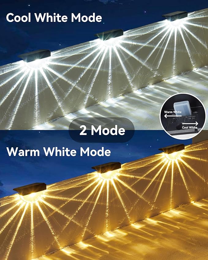 Solar Fence Lights,80 Lumens Warm White & White LED Solar Deck Lights,IP65 Waterproof Solar Lights Outdoor for Backyard, Patio, Deck Railing, Stair Handrail, Pool and Wall,8 Pack