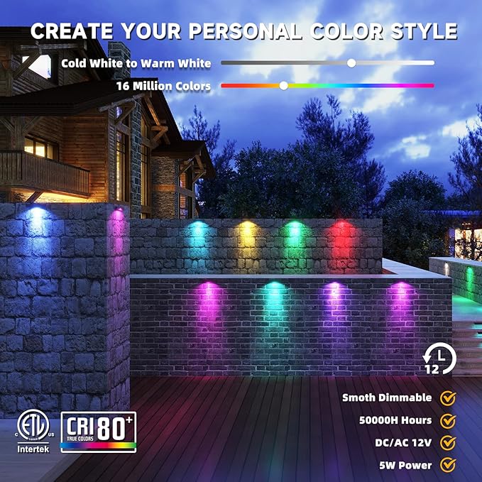 8 Pack 7 Inch 5W Retaining Wall Lights Outdoor, RGBCW LED Hardscape Lighting Color Changing, Low Voltage Landscape | Lumora