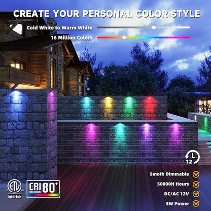 8 Pack 7 Inch 5W Retaining Wall Lights Outdoor, RGBCW LED Hardscape Lighting Color Changing, Low Voltage Landscape Lights 12V AC/DC, IP65 Waterproof Paver Lights Smart APP & Remote Control, FCC Listed