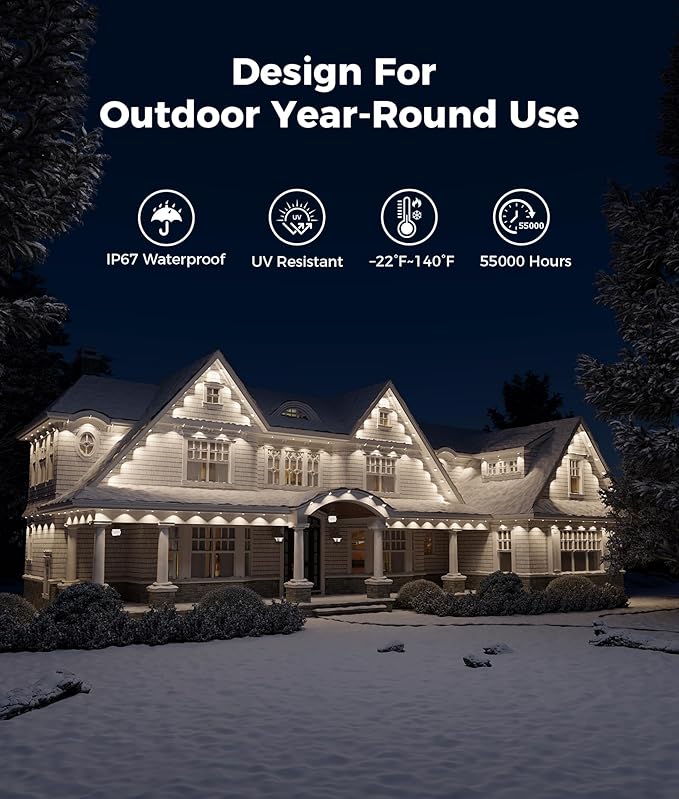 Permanent Outdoor Lights, 100ft RGB & 60pcs LED Lights, 79 Scene Modes with Timer for Smart Outdoor Decorations, IP67 Waterproof Works with Alexa and Google
