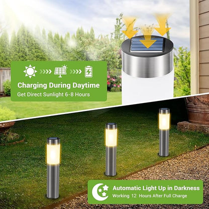 4 Pack Solar Pathway Lights Outdoor, Solar Walkway Lights with Polished Stainless Steel Layer, IP45 Waterproof Outdoor Solar Lights for Garden Yard Landscape Driveway Patio Deco