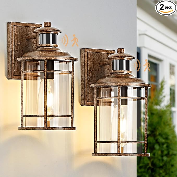 OKELI Motion Sensor Outdoor Wall Lights-Dusk to Dawn Porch Light,Faux Wood Grain Outdoor Lights Fixture,3 Lighting Modes Waterproof Anti-Rust Outdoor Lights for House Porch Garage (2 Pack