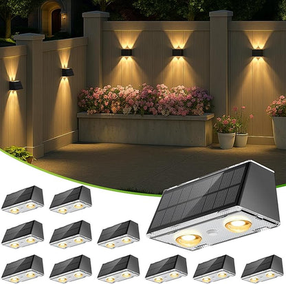 LANSOW Solar Fence Lights Outdoor, 12 Pack Solar Powered Lights Waterproof, 9 Modes Warm/Cool White RGB Up-Down Led Spot Wall Lights Dusk to Dawn Decor for Backyard, Deck, Patio, Pool, Railing(Black)