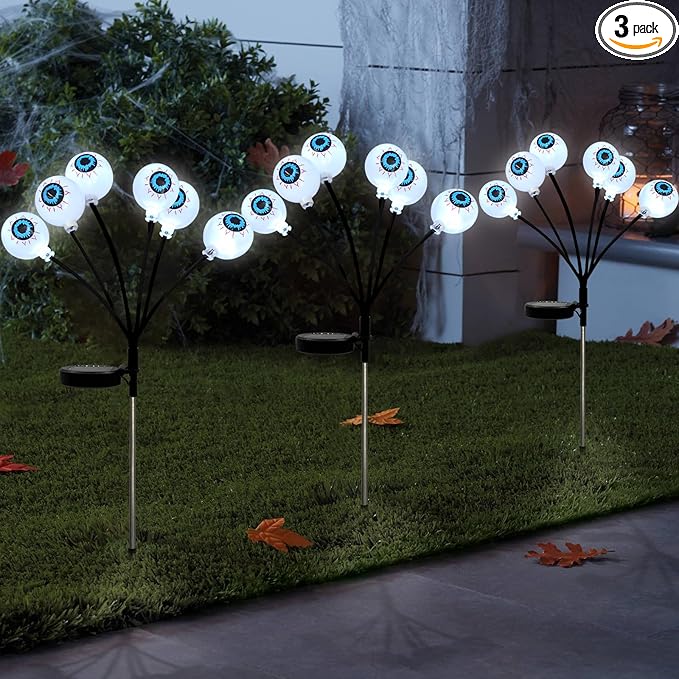 LEWIS&WAYNE Solar Halloween Pathway Lights 3 Pack Eyeball Stake Lights Outdoor 2 Modes Cool White LEDs for Garden Yard Patio