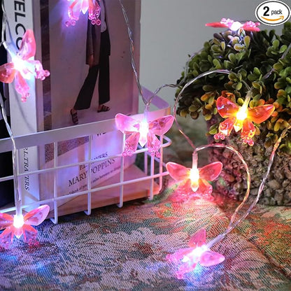 Vigdur 2 Pack Solar Butterfly String Lights Outdoor, 10 LED 2-Color (Purple & Pink) Butterfly Fairy Lights, IP44 Waterproof for Windows, Fences, Patios, Christmas, Weddings & Party Decor (Warm White)