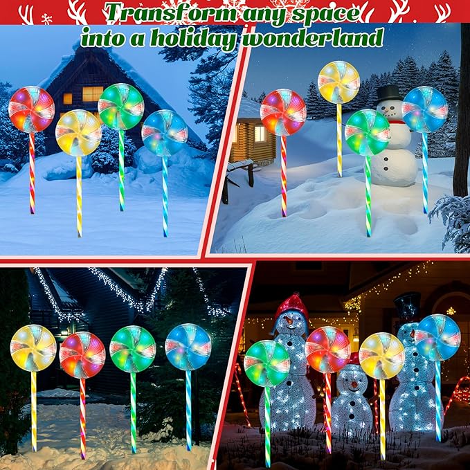 Candy Christmas Decorations Pathway Outdoor Solar Lights, 29 inches 80 LED Lighted Lollipop Solar Christmas Lights with 8 Modes Waterproof String Lights, Outdoor Lights for Yard Patio Walkway-4PCS