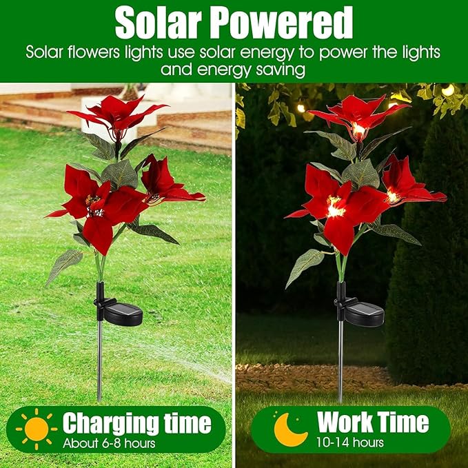 2 Pcs Solar Garden Lights,IP65 Waterproof Solar Poinsettia Flowers Lights Landscape Lighting,Simulation Poinsettia | Lumora