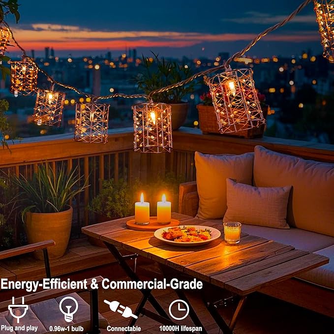 Outdoor Patio String Lights Plug in with 10 Incandescent Bulbs, Handwoven Beaded Copper Wire Style Decorative Lantern String Lights Connectable Weatherproof for Pergola, Porch, Mantel, Indoor Decor