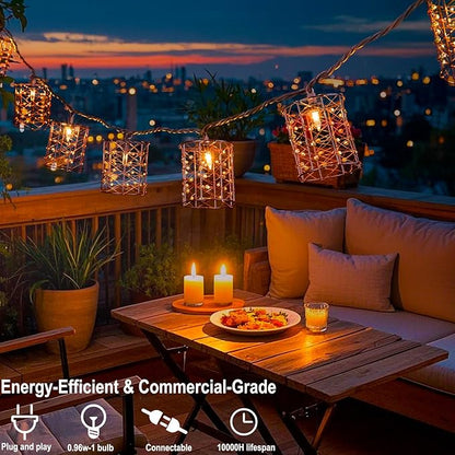 Outdoor Patio String Lights Plug in with 10 Incandescent Bulbs, Handwoven Beaded Copper Wire Style Decorative Lantern String Lights Connectable Weatherproof for Pergola, Porch, Mantel, Indoor Decor