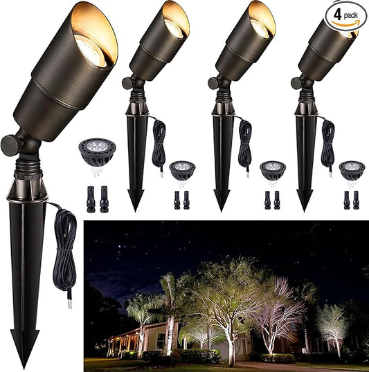 Gardenreet Brass Landscape Lighting - Outdoor Low Voltage Spotlights LED, 12V Wired Uplights, Waterproof Spot Lights, Antique Bronze for Outside Trees with 5W 5000K Daylight MR16 Bulb (4 Pack)