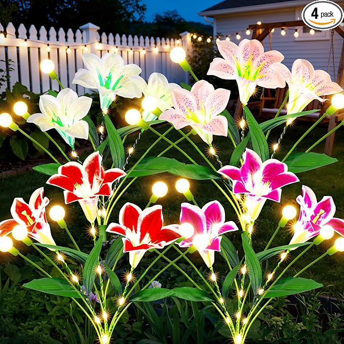 WdtPro Upgraded Solar Garden Lights Outdoor: 4 Pack 2-in-1 Solar Firefly Swaying Light with Lily Flower and Glowing | Lumora