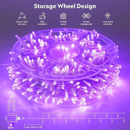 JMEXSUSS 400 LED Purple Christmas Lights Indoor Outdoor, 132 ft String Lights Plug in with Remote, 8 Modes Purple Christmas Tree Lights for Garden Patio Party Christmas Decoration