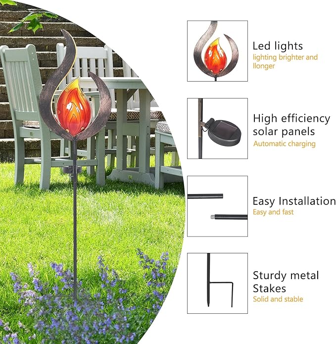 Asense Outdoor Metal Sculpture Art Decor Garden Solar Lights Pathway Stake, Solar Powered LED Lights for Lawn Patio Courtyard, Flame Shape