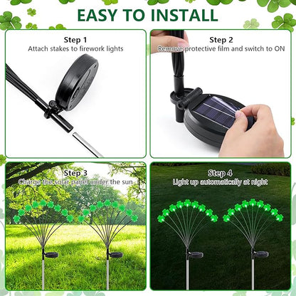 2 Pack St Patricks Day Decorations Solar Outdoor Lights, 18 LED Lucky Green Shamrock Irish Firefly Solar Lights, 2 Modes Waterproof St Patricks Day Light for Yard Garden Lawn Pathway Decor