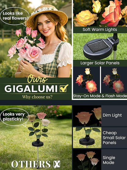 GIGALUMI Solar Lights Outdoor for Garden Decor, 3 Pack Solar Flower Lights Waterproof, 2 Lighting Modes 9 Rose Flowers for Pathway,Yard, Patio Decoration, Gardening Gifts for Women (Pink)