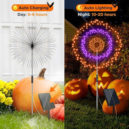 4 Pack Solar Halloween Firework Lights Outdoor Waterproof, 8 Modes Orange & Purple Black Spooky Solar Garden Lights with Timer Remote for Outside Yard Patio Pathway Lawn Halloween Decor