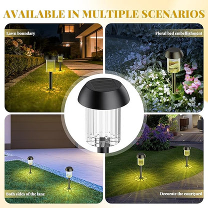 2 Pack Solar Pathway Lights Outdoor, New Upgraded Waterproof LED Lights, 3 Variants (Warm White/Golden/7-Color Slow Flash) with Unique Lamp Shade Patterns, for Garden (2-Pack Golden Light)