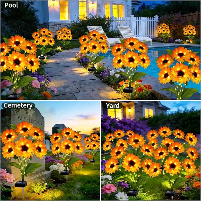 Solar Garden Lights Outdoor, 4 Pack Solar Sunflower Lights with 18 Head 3.4 Inch Flowers, Waterproof Flowers Light Fall Decor Auto ON/Off for Garden Yard Patio Backyard, Gifts for Mom Women