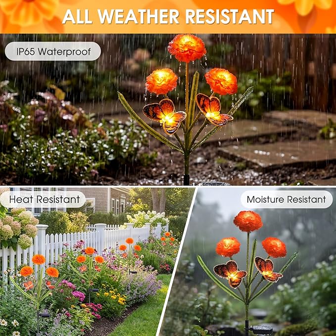 Solar Flowers Outdoor Waterproof, Unique Solar Powered LED Marigold Stake Lights with Monarch Butterflies for | Lumora