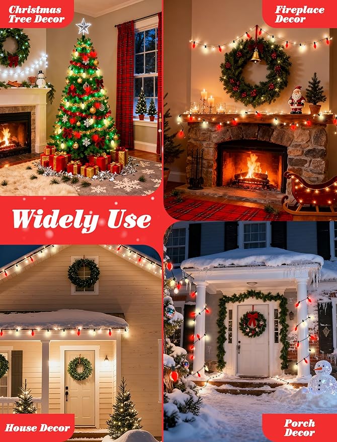 C7 LED Christmas String Lights, 25Ft Red White Christmas String Lights with 27 LED Red White Ceramic Bulbs, Connectable Vintage Valentine Lights for Patio Garden Wedding Party Decor