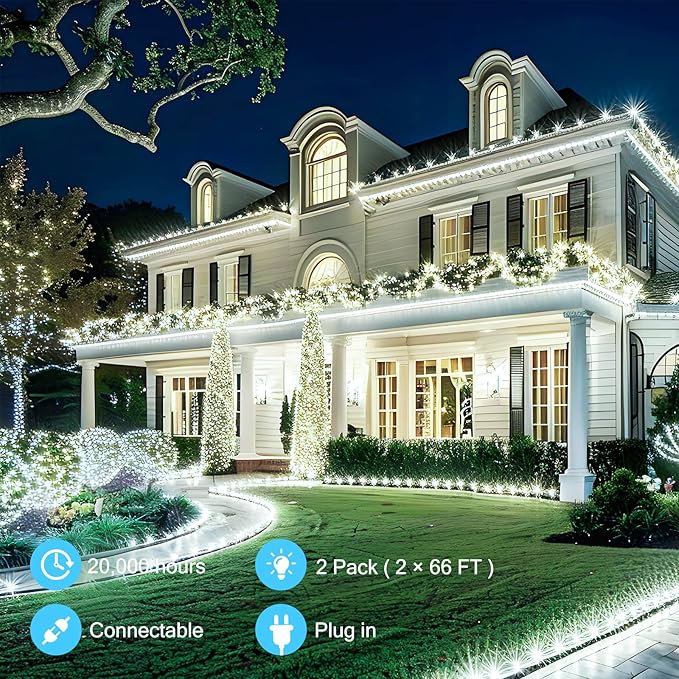 Brightown 2 Pack Total 132ft 200LED Outdoor C9 LED Christmas String Lights, Plug-in Connectable Waterproof Roofline String Lights for Outside Christmas Holiday Decor