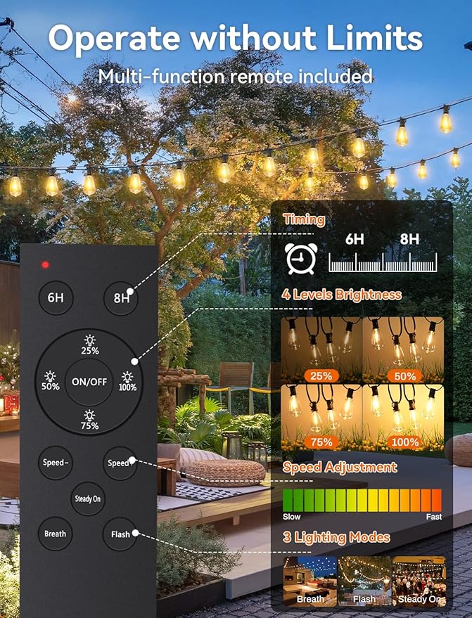 Brightever 200FT Solar String Lights Outdoor Waterproof, Patio Lights Solar Powered with Remote, 72+2 Shatterproof ST38 LED Bulbs, Dimmable&Timable Solar Lights for Outside Wedding Decor