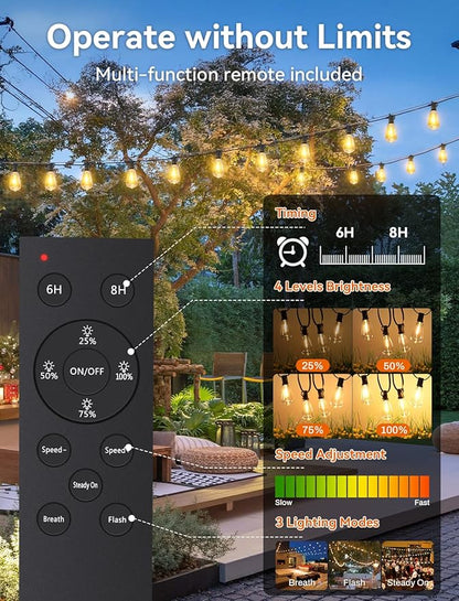 Brightever 200FT Solar String Lights Outdoor Waterproof, Patio Lights Solar Powered with Remote, 72+2 Shatterproof ST38 LED Bulbs, Dimmable&Timable Solar Lights for Outside Wedding Decor