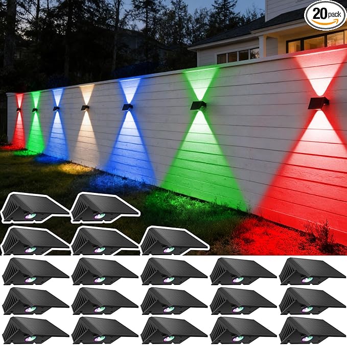 Solar Fence Lights Outdoor, 20-Pack Fence Lights Solar Powered with Up/Down Buttons, IP67 Waterproof for Outside, 120LM Auto Dusk to Dawn for Wall/Patio/Yard/Railing/Deck/Pathway (White & RGB)