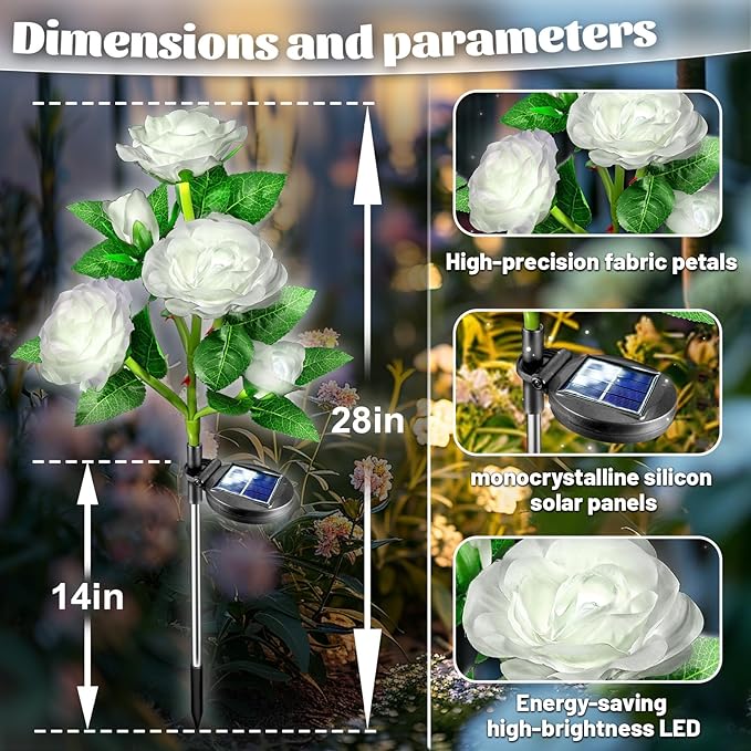 Solar Garden Lights Outdoor: 10 Waterpoof Artificial Rose Flower 2 Pack - White LED Landscape Lighting Fairy Decorations for Outside Yard Patio Lawn Jardin - Christmas Gifts for Mom Grandma