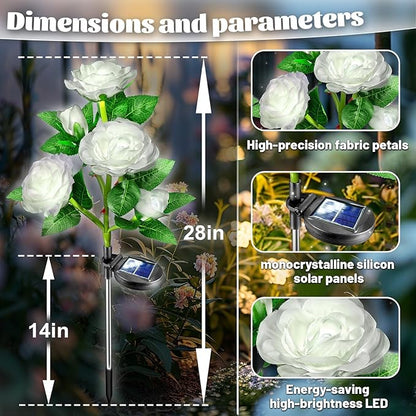 Solar Garden Lights Outdoor: 10 Waterpoof Artificial Rose Flower 2 Pack - White LED Landscape Lighting Fairy Decorations for Outside Yard Patio Lawn Jardin - Christmas Gifts for Mom Grandma