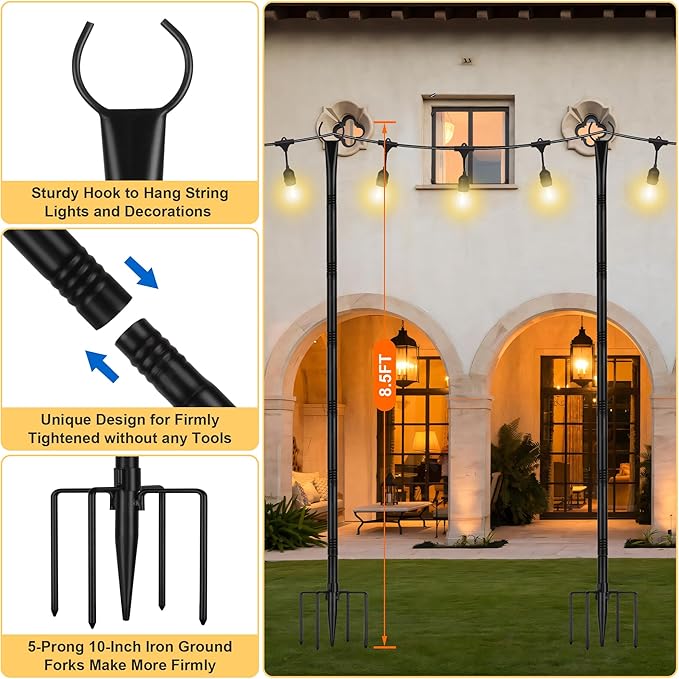 Suchtale 8.5FT Poles for String Lights with Forks, 4 Pack Metal Stands with Hooks & 5-Prong Base for Garden, Patio | Lumora