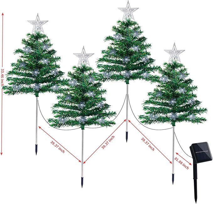 Christmas Decorations Outdoor 4 Sets Solar Christmas Tree with 80pcs Multi-Color C6 Snowflake Led Lights 8 Lighting Modes Waterproof Pathway Lights for Outside House Garden Yard