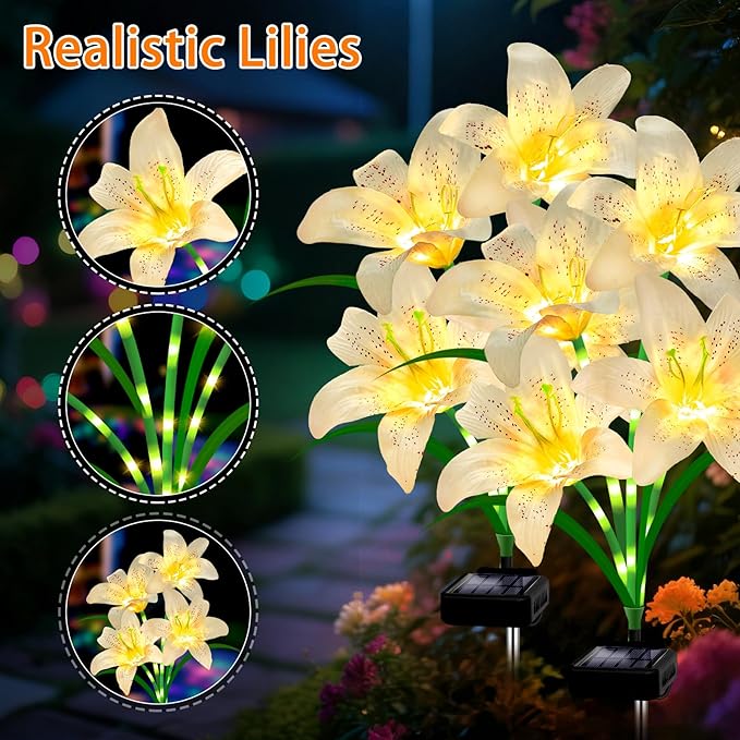 Solar Garden Lights 4 Pack 16 White Lily Flowers, Gifts for Mom Woman Birthday Outdoor Solar Flower Lights,Cemetery Flowers for Grave - Decorative Lilies for Yard, Patio, Pathway Decorations