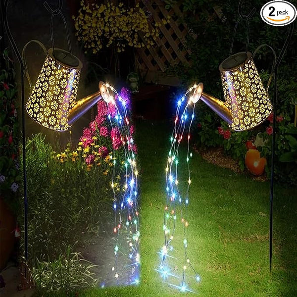 2 Pack Solar Watering Can Lights with Shepherd Hook, 8 Multi-Color Changing Modes, IP65 Waterproof, 60pcs String | Lumora
