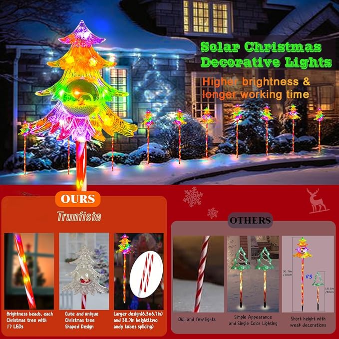30.7'' Larger Christmas Decorations Outdoor Solar Pathway Lights, 3Packs Solar Christmas Trees with Colour 51LEDS, Xmas Tree Candy Cane Stake Lights Outside for Garden Porch Path Yard Decor