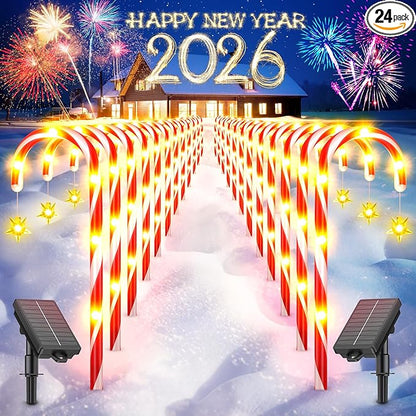 24 Pack Christmas Decorations Outdoor Solar Candy Cane Lights, 144 LEDs, 10 Modes, Waterproof, USB Rechargeable, Perfect for Yard, Garden, Pathway