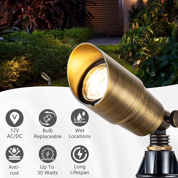 LumStory Brass Solid Landscape Light Low Voltage 12V Outdoor Brass Landscape Spotlights with 5W MR16 Bulb 3000K Warm White, IP65 Waterproof Up Light Landscape Lighting for Garden Yard Pathway